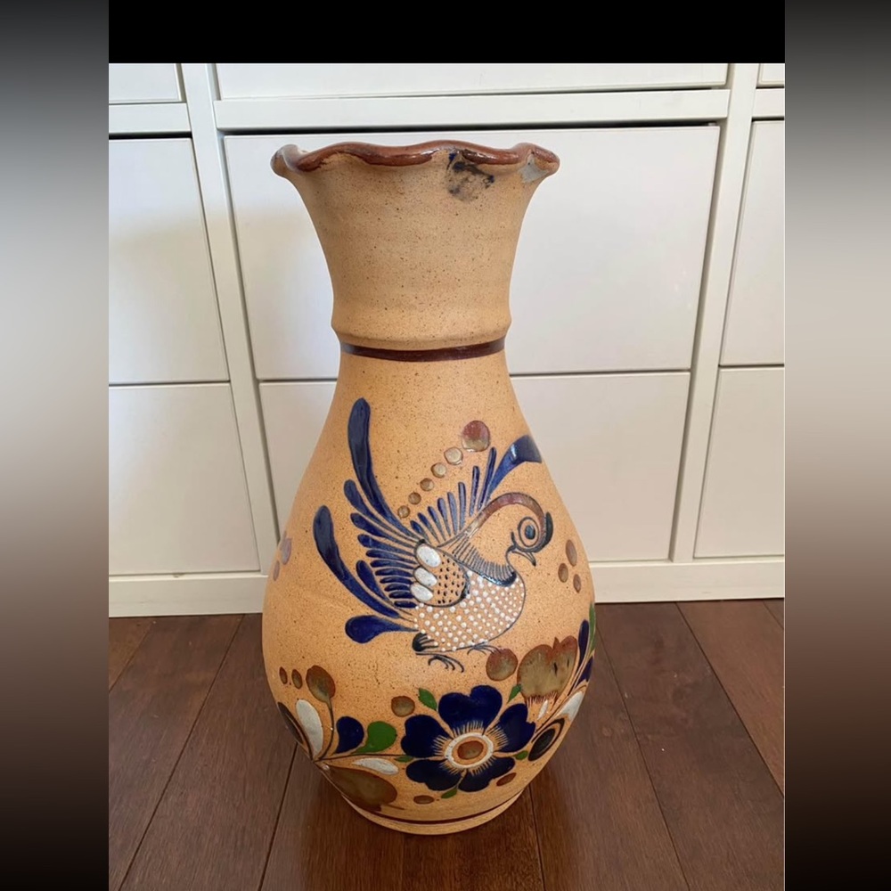 Mexican Tonala Stoneware Pottery Vase with Bird Southwestern Design 14” tall